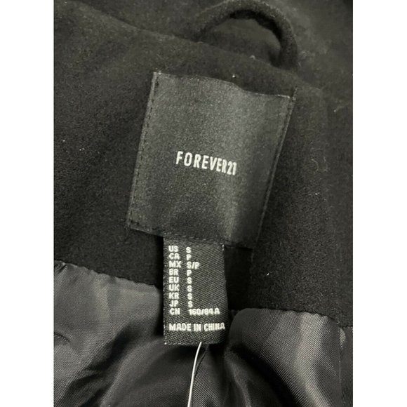 NWT Forever 21 Juniors Black Small Long Sleeved Collared Breasted peacoat Coat S - Picture 11 of 12